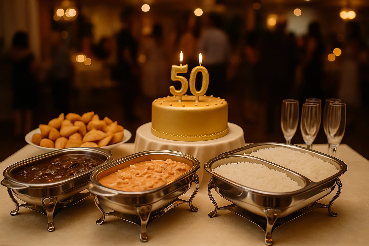 Como estruturar um aniversário de 50 anos com buffet montado no local, comidas, salgados e bebidas.